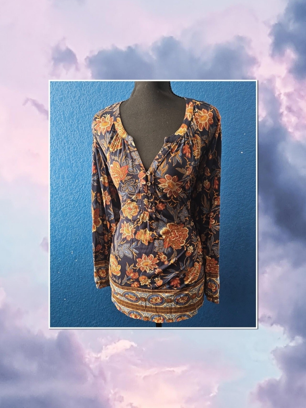 Lucky Brand Floral Paisley Henna Print Henley Tunic Blouse - Size XL